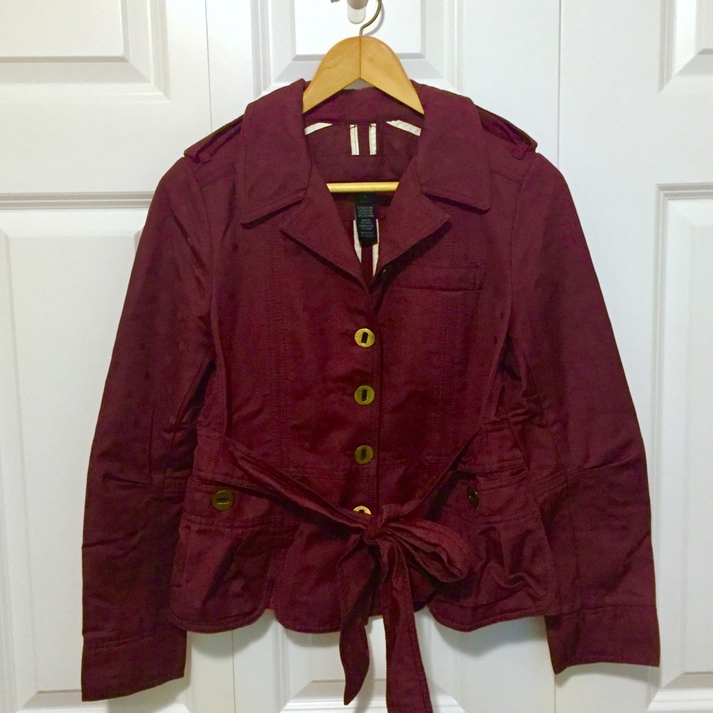 Marc Jacobs Dot Texture Belted Jacket 6 Burgundy Maroon Wine Gold Buttons